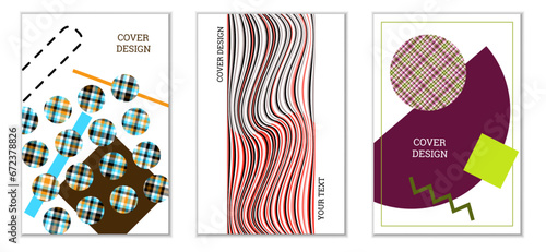 Geometric cover design, set of 3 covers. Abstract unusual background in Memphis style. Bright geometric shapes in random order