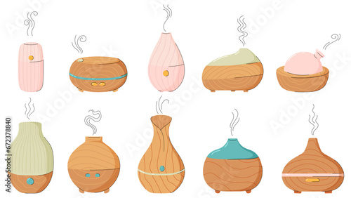 Electric aroma diffusers of different designs. Healthy lifestyle, self care. Relax time, aromatherapy. Modern hand drawn style. Big set of cute items.