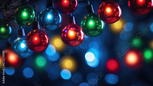 Glowing Christmas ornaments in vibrant colors, hanging amidst a mesmerizing background of soft bokeh lights.