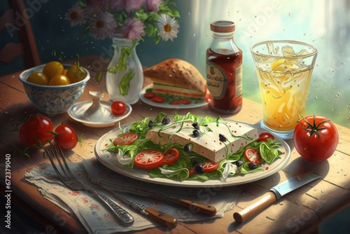 Healthy breakfast with cheese, salad, tomatoes and juice on wooden table