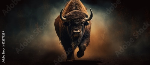 An artwork of native wildlife featuring the American bison emerging from darkness into light in a digital medium