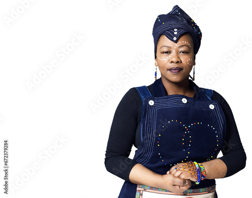 Portrait  confidence and black woman in traditional clothes isolated on a transparent png background. Face of serious person  fashion turban and stylish hat  heritage and culture in South Africa