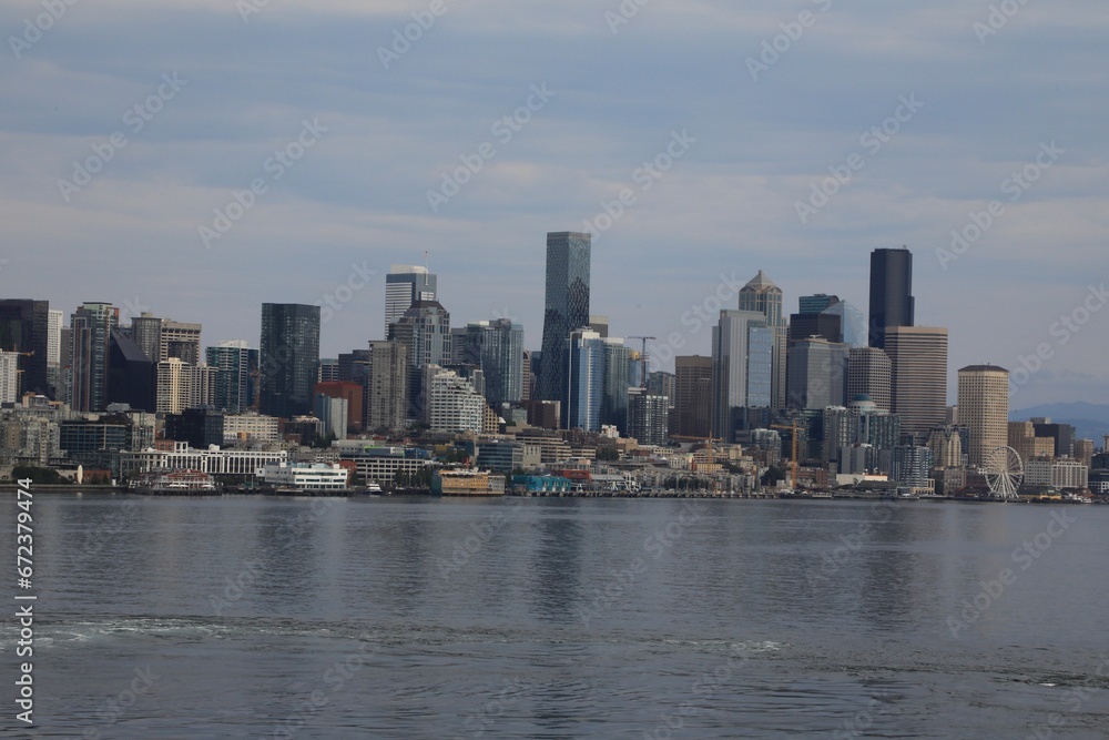 Seattle city skyline seen from the Pacific Ocean 