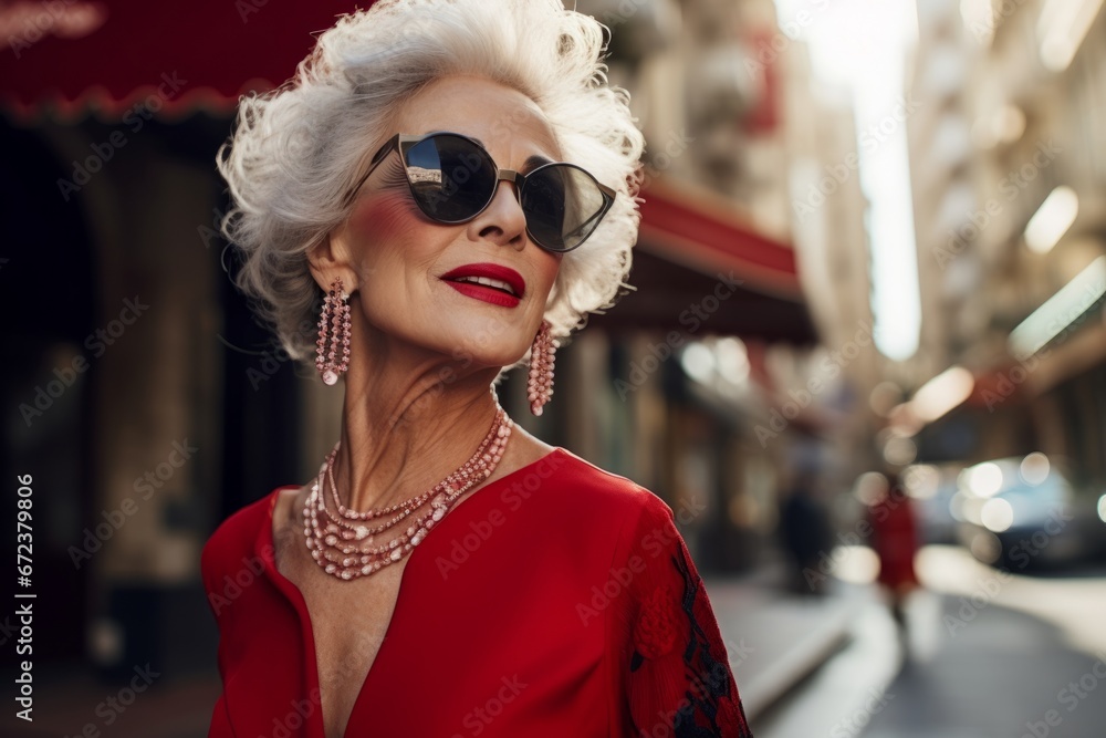 Beautiful stylish elderly woman wears red lipstick, sunglasses and evening dress. Street fashion Beautiful stylish elderly woman wears red lipstick, sunglasses and evening dress. Street fashion
