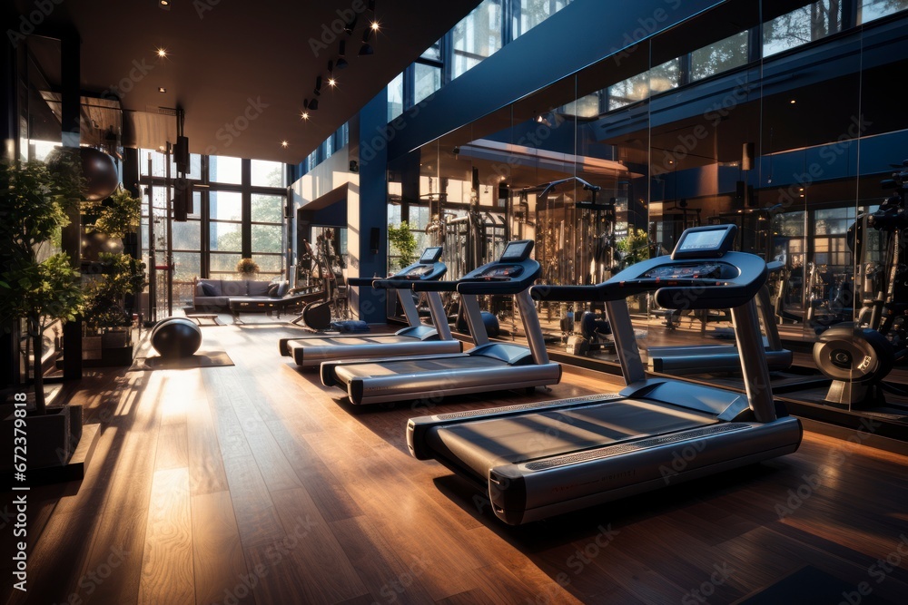 A well-lit, well-organized gym with state-of-the-art exercise equipment. A well-lit, well-organized gym with state-of-the-art exercise equipment.