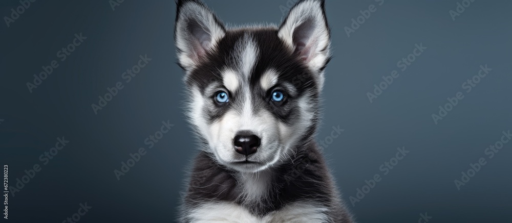 A detailed image of a young husky dog up close