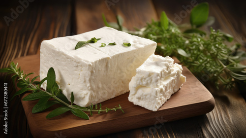 Blocks of fresh feta cheese are displayed on a wooden board, surrounded by aromatic rosemary and crumbled pieces, all set against a rustic backdrop.