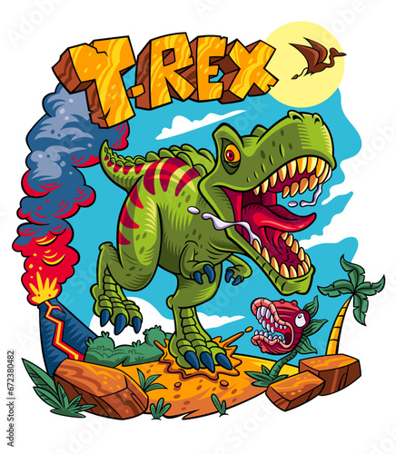 dinossaur, tyrannosaurusrex, trex, prehistoric, cartoon, tshirt, stamp, vectorart, vector
