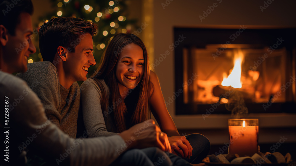 Friends are enjoying a cozy evening by a fireplace, laughing and chatting in a festively decorated living room during the holidays. - obrazy, fototapety, plakaty 