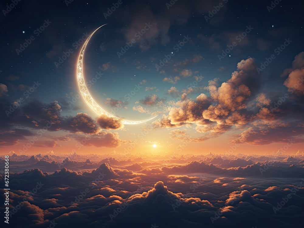 Amazing surreal background - crescent moon, glowing clouds and bright star are reflected in serene sea.