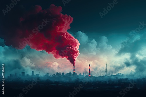 View of a tall chimney with red smoke emission. Pollution of industrial enterprises, exhaust gases of chimneys. Industrial zone, thick smoke plumes. Climate change, ecology. Generated by AI.