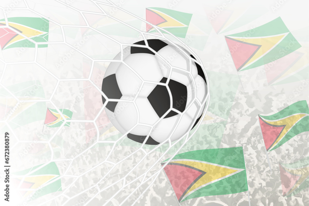National Football team of Guyana scored goal. Ball in goal net, while football supporters are waving the Guyana flag in the background. National Football team of Guyana scored goal. Ball in goal net, while football supporters are waving the Guyana flag in the background.