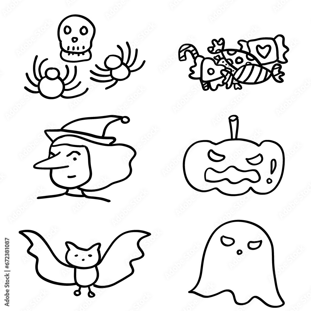 Hand drawn icons that famously used in Halloween festivals on a white background
