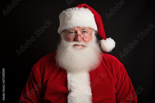 Portrait of a pensive Santa Claus in glasses looking at the camera on a black background close up