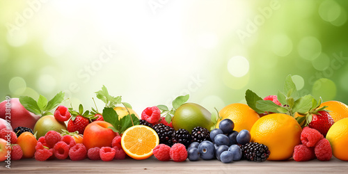 Abundance of Fresh Fruits Displayed 
Abundant Fresh Fruit Collection Showcase with blue green background  ai generated photo