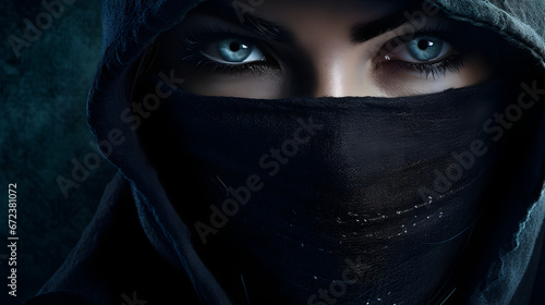 The face of a young female warrior is concealed beneath a dark veil, revealing only her striking, sparkling grey-blue eyes.
