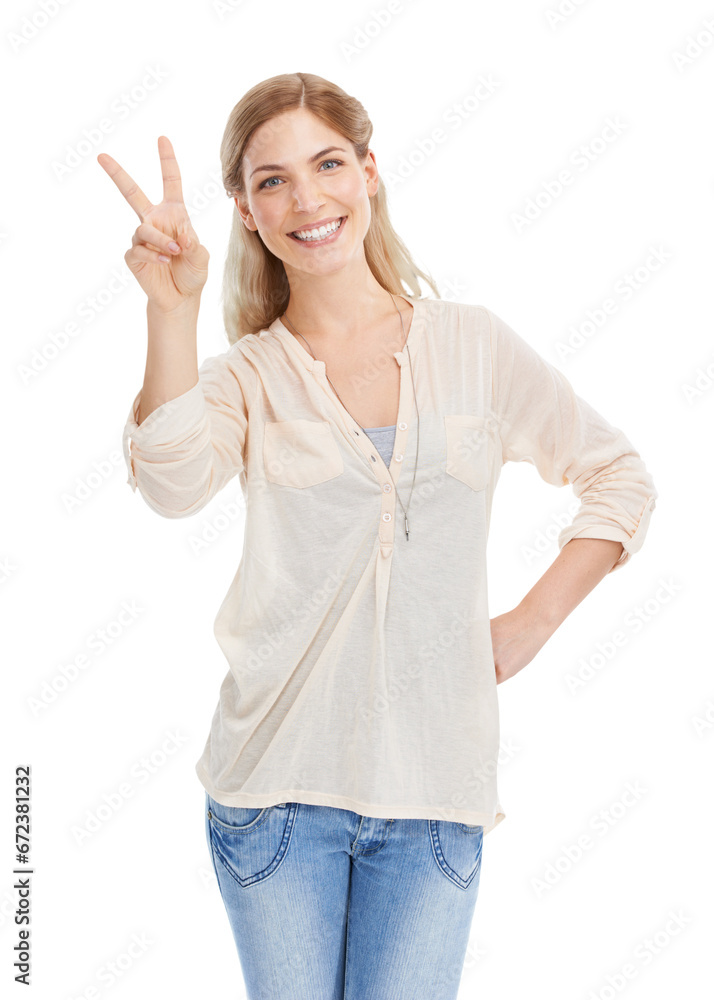 Happy woman with peace sign, portrait and isolated on transparent png background with funny emoji. Vote, smile and face of student girl with v hand gesture in agreement, yes and positive opinion. Happy woman with peace sign, portrait and isolated on transparent png background with funny emoji. Vote, smile and face of student girl with v hand gesture in agreement, yes and positive opinion.