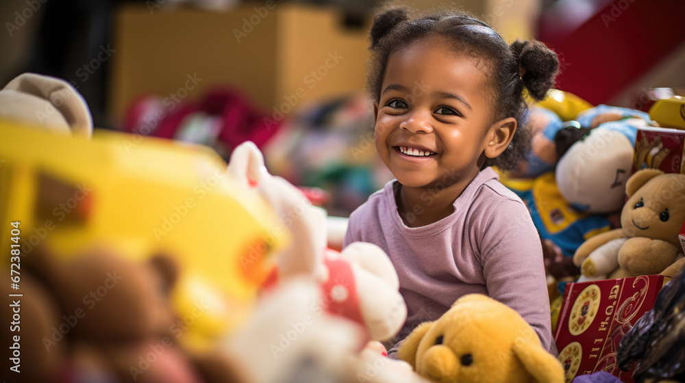 A joyful child with a wide smile is surrounded by boxes filled with colorful stuffed toys - obrazy, fototapety, plakaty 