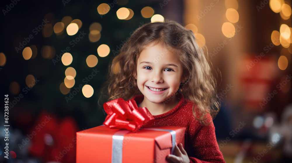 A joyful child with curly hair, dressed in red, holds a Christmas gift with a sparkling bokeh light background. A joyful child with curly hair, dressed in red, holds a Christmas gift with a sparkling bokeh light background.