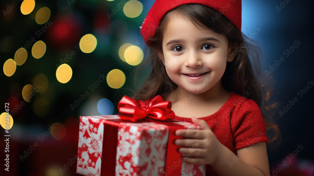 A joyful child with curly hair, dressed in red, holds a Christmas gift with a sparkling bokeh light background. A joyful child with curly hair, dressed in red, holds a Christmas gift with a sparkling bokeh light background.