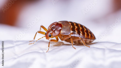 A high quality photo of a Cimex hemipterus, or bed bug, on a bed.