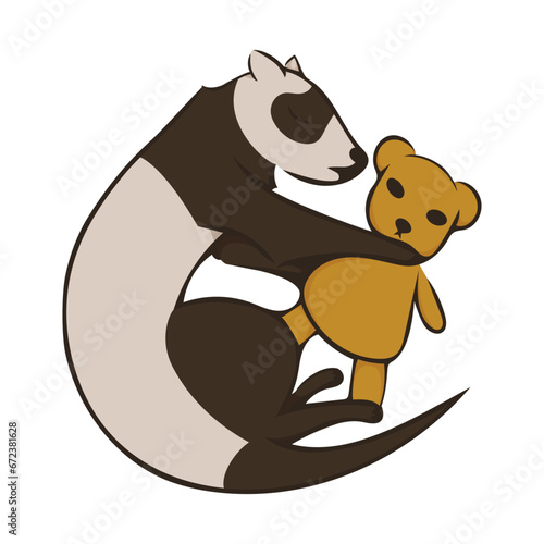 Cute ferret sleeps in embrace with plush toy bear. Vector illustration isolated on white background. Image for designing websites for childrens clothing products stationery menus posters. Simple