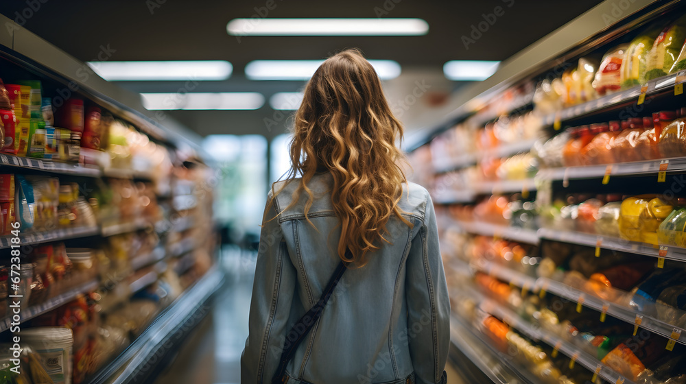 A woman with curly blonde hair and dressed in a denim jacket is strolling down one of the aisles in a supermarket shopping for food
