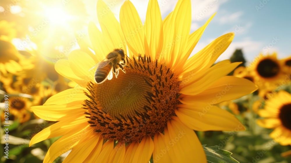 Naklejka premium Bee Collecting Honey from Yellow Flower, Macro Photography, Summer and Spring Background.