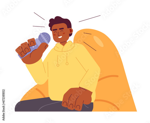 African american male talk show host 2D cartoon character. Young black man laughing in microphone isolated vector person white background. Joking fun entertainer color flat spot illustration