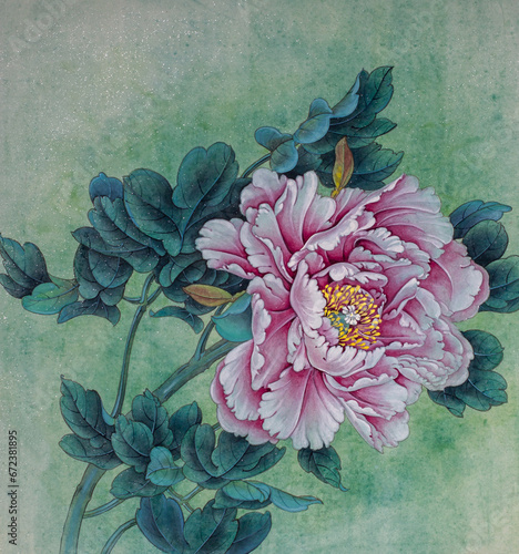 pink peony on a green background
