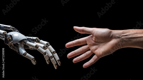 Humanoid robot handshake with human hand in black background. AI generated