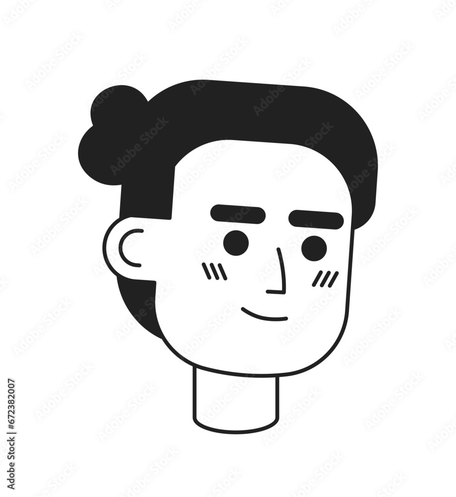 Young latino man with bun black and white black and white 2D vector avatar illustration. samurai hairstyle guy outline cartoon character face isolated. Relaxed flat user profile image, portrait Young latino man with bun black and white black and white 2D vector avatar illustration. samurai hairstyle guy outline cartoon character face isolated. Relaxed flat user profile image, portrait