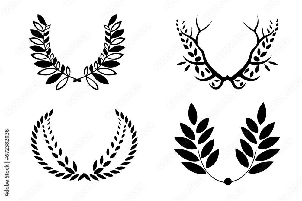 Black laurel wreath frame icon in white background. Circular laurel foliate, wheat and olive wreaths depicting an award, achievement, heraldry, nobility. Vector illustration - obrazy, fototapety, plakaty 