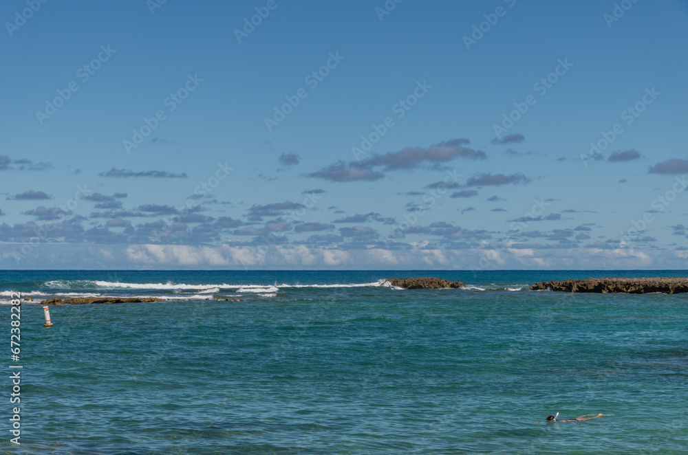 Scenic Turtle Bay beach vista on a beautiful day, North Shore of Oahu, Hawaii