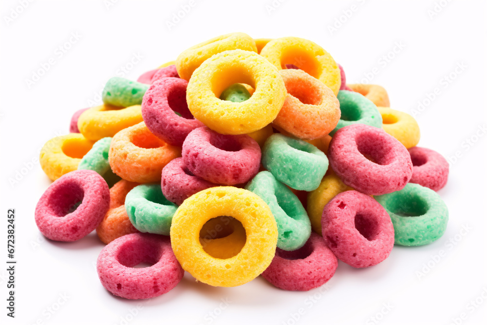 A mound of vibrant cereal doughnuts on a plain white surface.