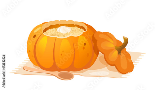 Tasty pumpkin porridge in ripe open pumpkin 
