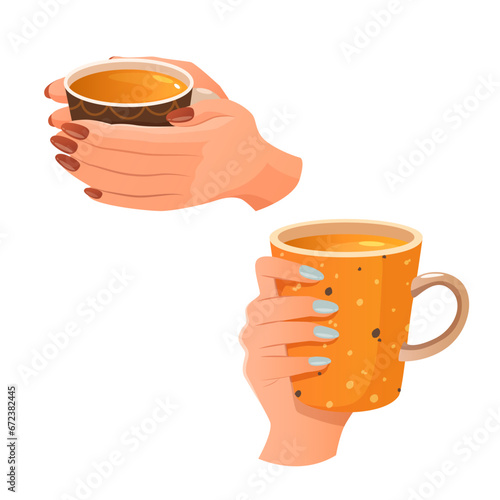Cartoon hands holding cups of warm beverage drinks 