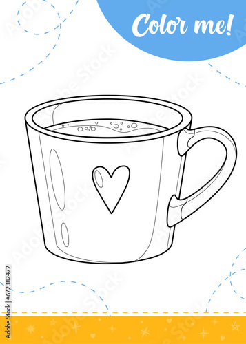 Coloring page for kids with coffee cup.
A printable worksheet, vector illustration.