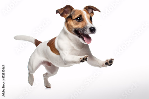 A cheerful Jack Russell Terrier pup leaping on a white backdrop is depicted. © ckybe