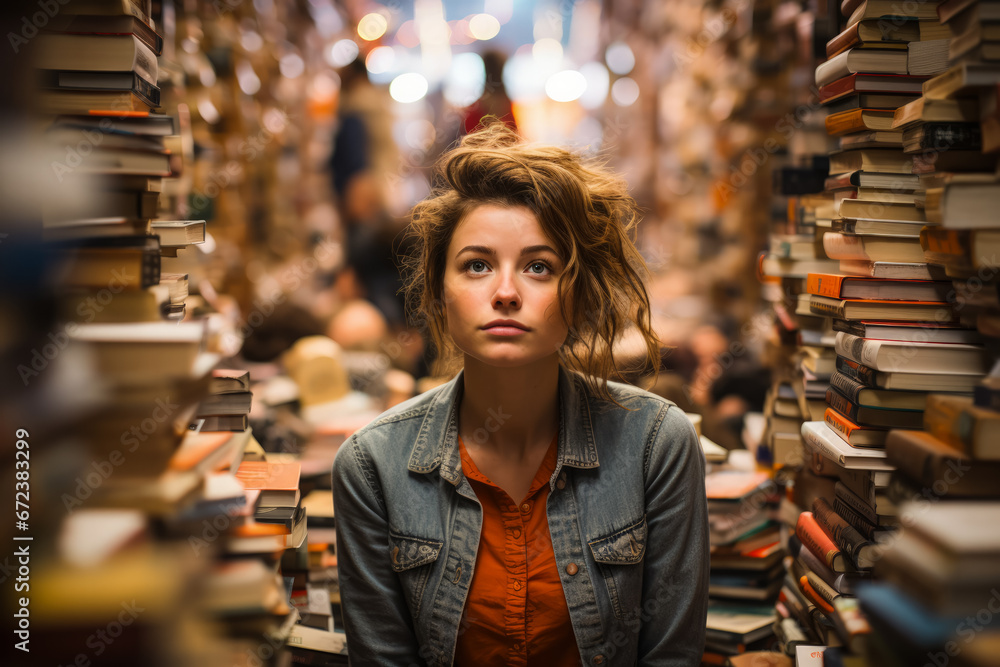Dispirited woman amidst crowded bookstore reflecting profound emotional vacuum  - obrazy, fototapety, plakaty 