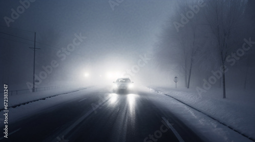 A car ventured through the snowy blizzard, its headlights barely piercing the dismal visibility.