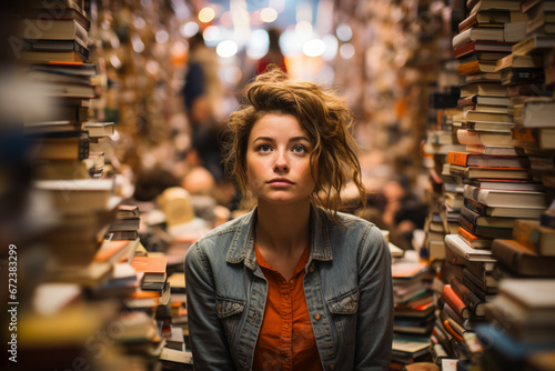 Dispirited woman amidst crowded bookstore reflecting profound emotional vacuum  photo
