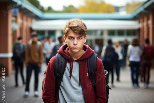 Teenager isolated displaying sadness amidst lively school surroundings 