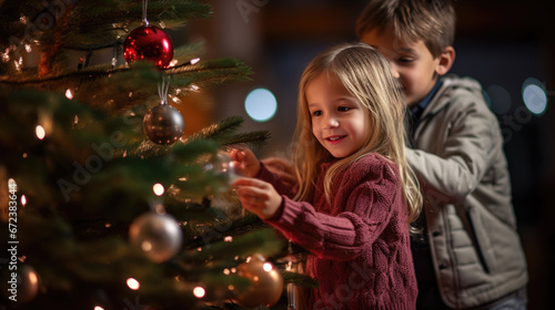 Young children decorate the Christmas tree at home. © MP Studio