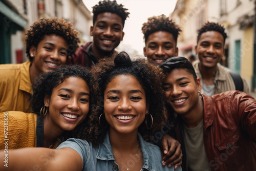 Multiethnic group of happy friends making a selfie with the phone in the street