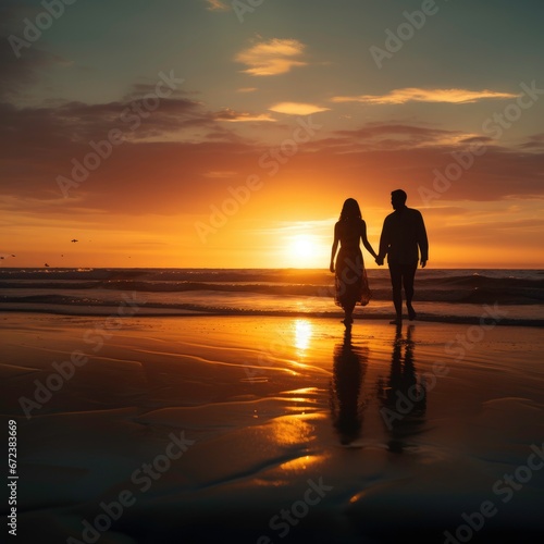 Silhoutte of young happy couple walking on the beach on sunset time. 
