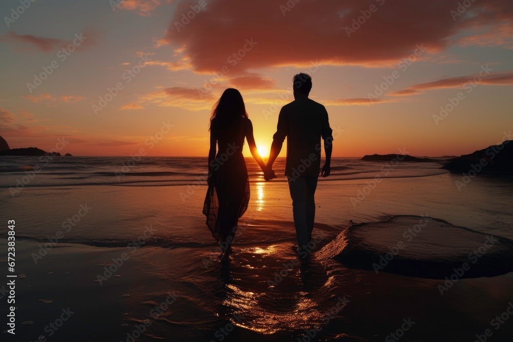 Silhoutte of young happy couple walking on the beach on sunset time.
