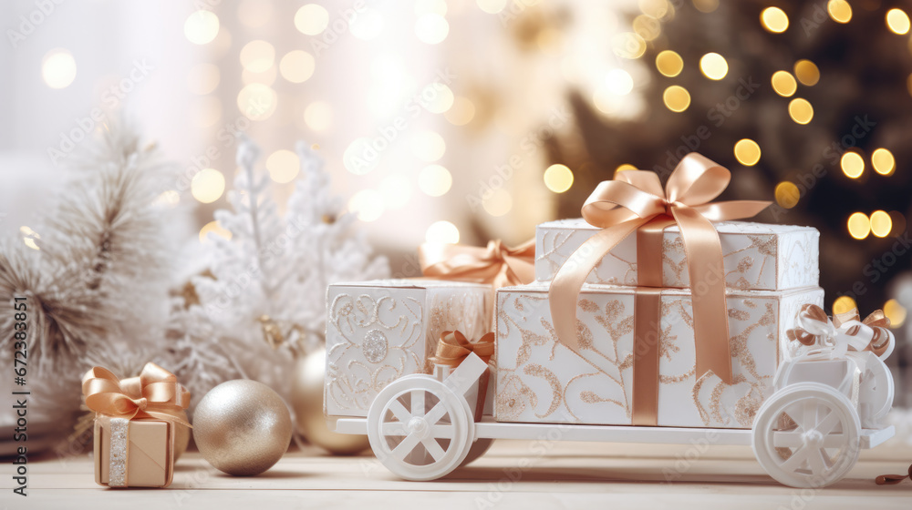 Elegant white gift boxes with golden ribbons are presented in a decorative carriage, set against a glowing Christmas tree adorned with shimmering lights and ornaments.