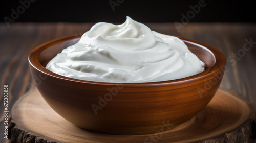 A luscious, smooth white cream is showcased in a wooden bowl, highlighting its glossy texture and rich consistency.