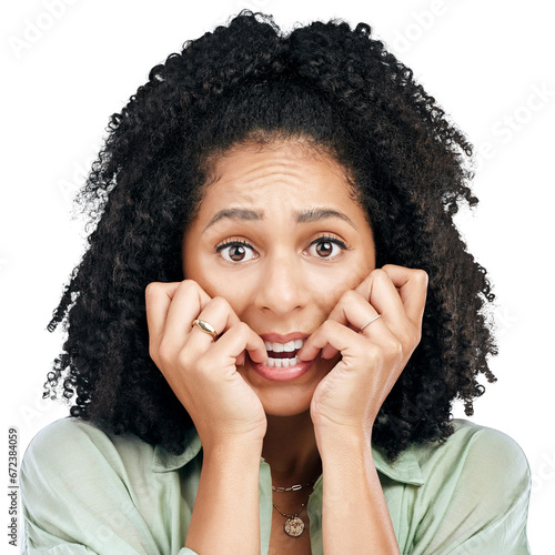 Bite nails, portrait and woman with anxiety isolated on png transparent background with worry, doubt and uncertain. Scared, face and person worried, anxious and unsure for problem, crisis and choice photo